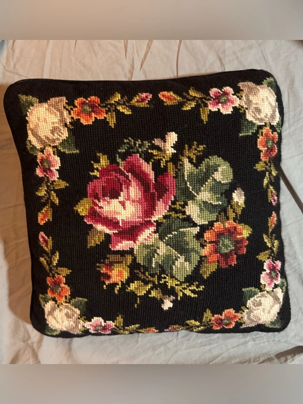 Floral Needlepoint Pillow Cover - Black with Pink Rose